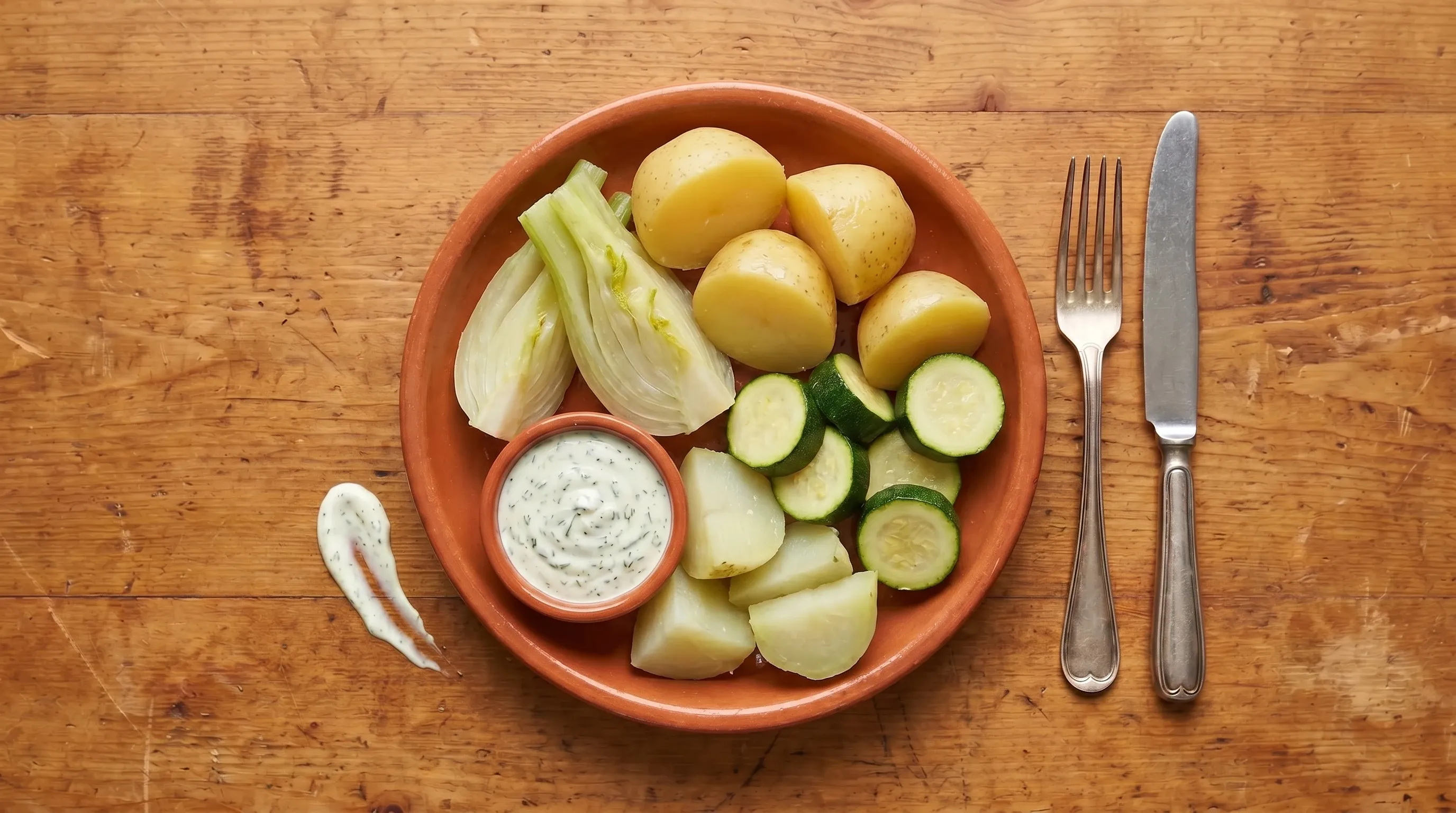 Gedämpftes Gemüse und Kartoffeln mit Dip