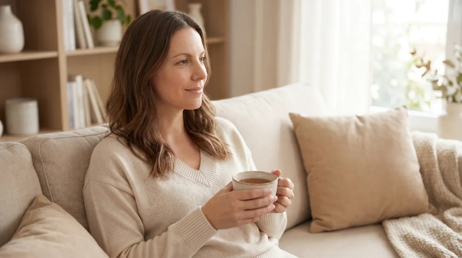 Frau sitzt entspannt mit einer Tasse Tee auf dem Sofa in einem hellen Wohnzimmer
