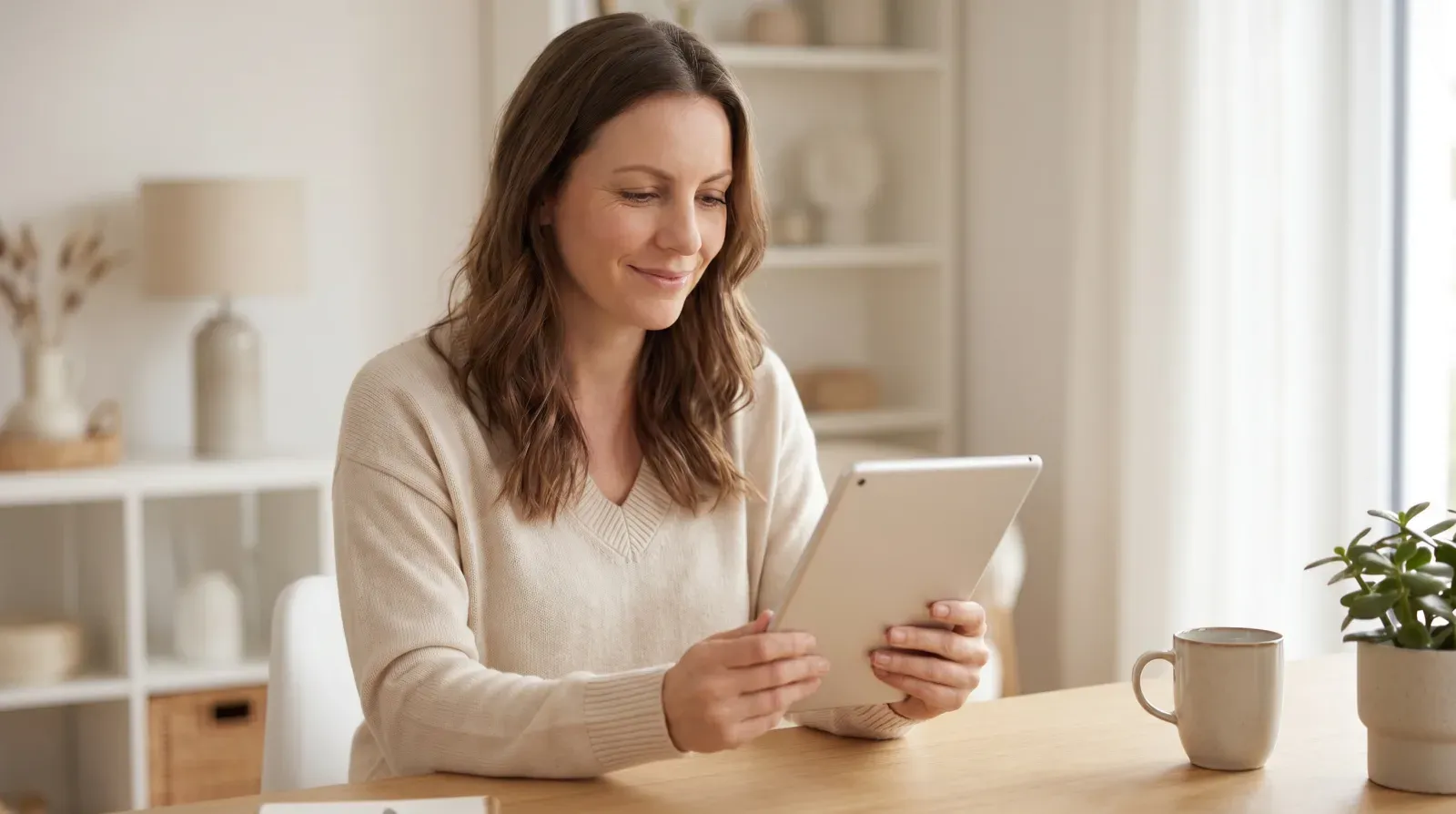 Frau macht entspannt am Tablet einen Selbsttest und wirkt zuversichtlich