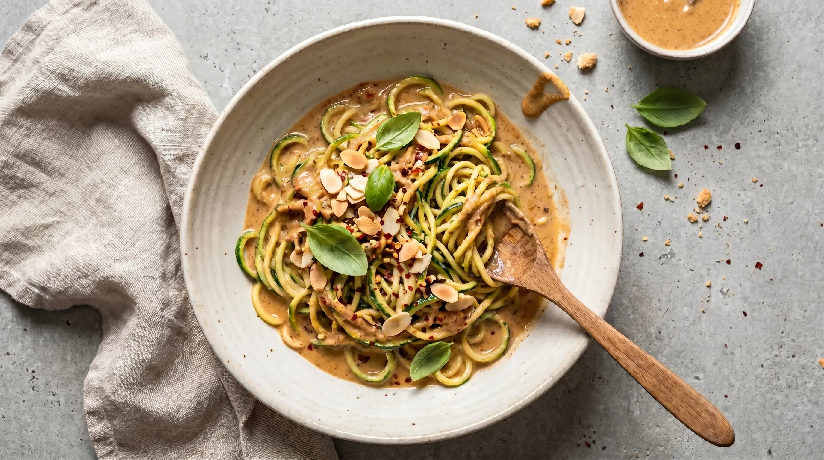 Zucchini-Spaghetti mit Mandelmus-Sauce